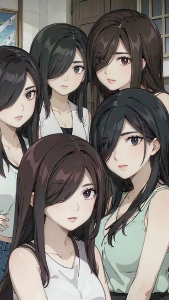 Mommy with 4 daughters,black hair, long hair, (hair over one eye:1.4), messy hair, hair between eyes, chubby cheek,Sexy lips, pucker lips