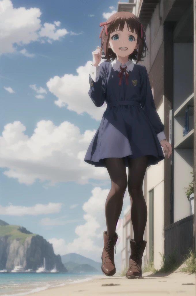 (((Pixel Perfect, Perfect in every detail))),alone,1人of女of子,Amami Haruka,red ribbons,View your viewers,smile,Happy,
Day,null,cumulus clouds,in spring,High resolution,colorful,Volumetric lighting,
depth_of_Field,alone_concentrated,depth of Field,Front view,whole body,
,skinny,thin,thin,(expensive:1.1),
,(blue dress),School_uniform,length_sleeve,shirt,dress,white_shirt,collared_shirt,head_ribbon,apron_dress,Best,wing_collar,(Lace-up_boots:1.1),(black_pantyhose:1.4),Panty lines,
Outdoor,Beach,
(Skin Dentition:1.4),thin thighs,
Are standing,