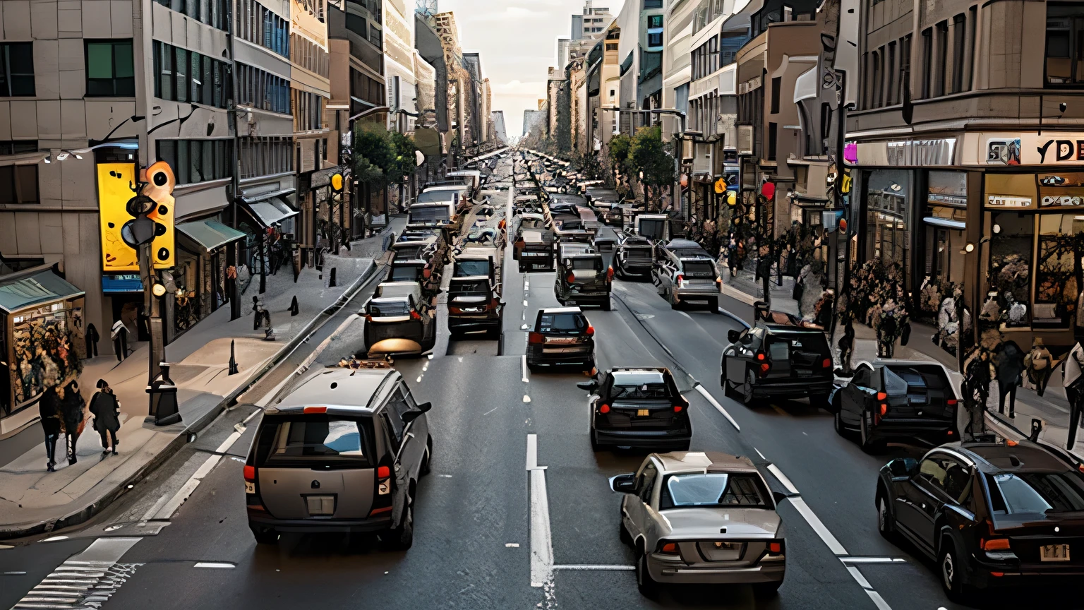 Busy city streets, bustling crowds, and moving vehicles