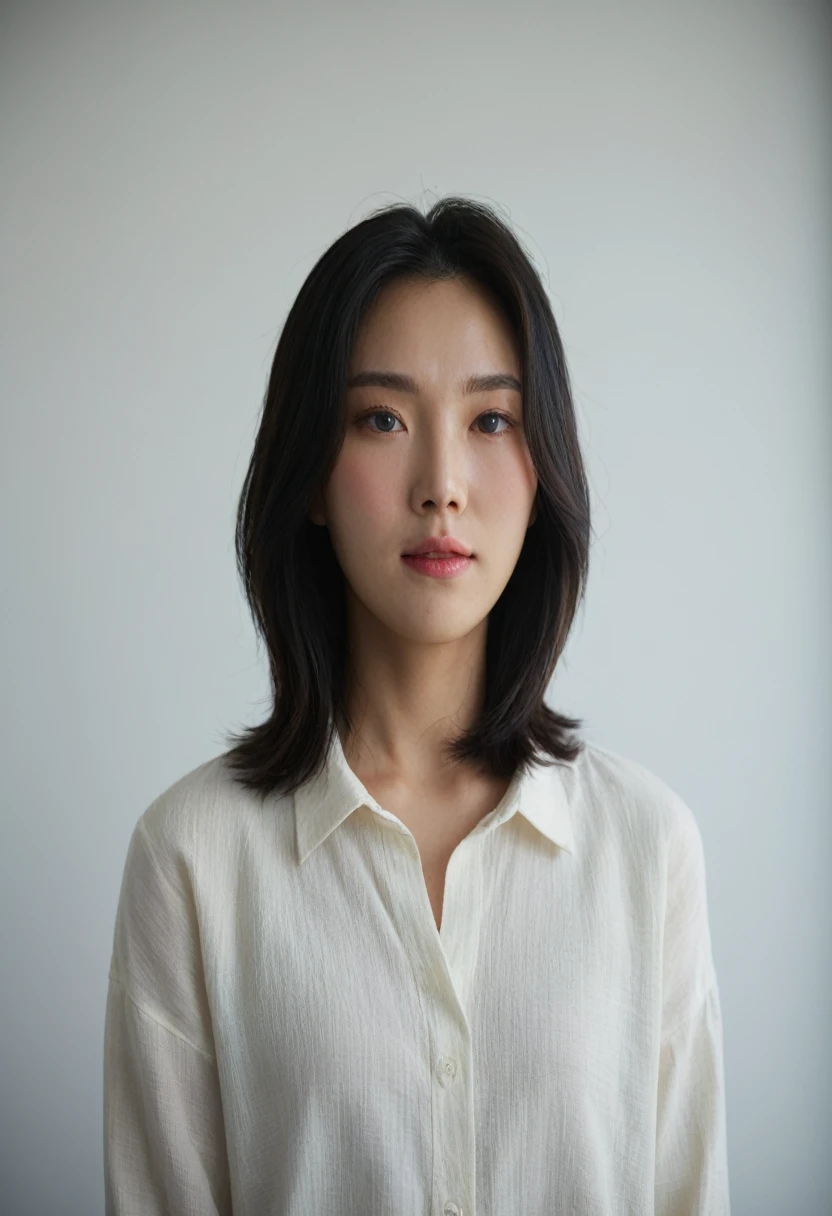 Best Quality, 8k, Masterpiece, (Portrait: 1.3), (photo realistic:1.4), (hyper realistic:1.4), Sharp Focus, looking at viewer, (smoother lighting:1.1), (increase cinematic lighting quality:0.9), realistic lighting, backlighting, light on face, ray trace, (brightening light:1.2), (Increase quality:1.4), sharp detail, (best quality real texture skin:1.4), finely detailed eyes, black_eyes, finely detailed face, 25 year old Korean woman