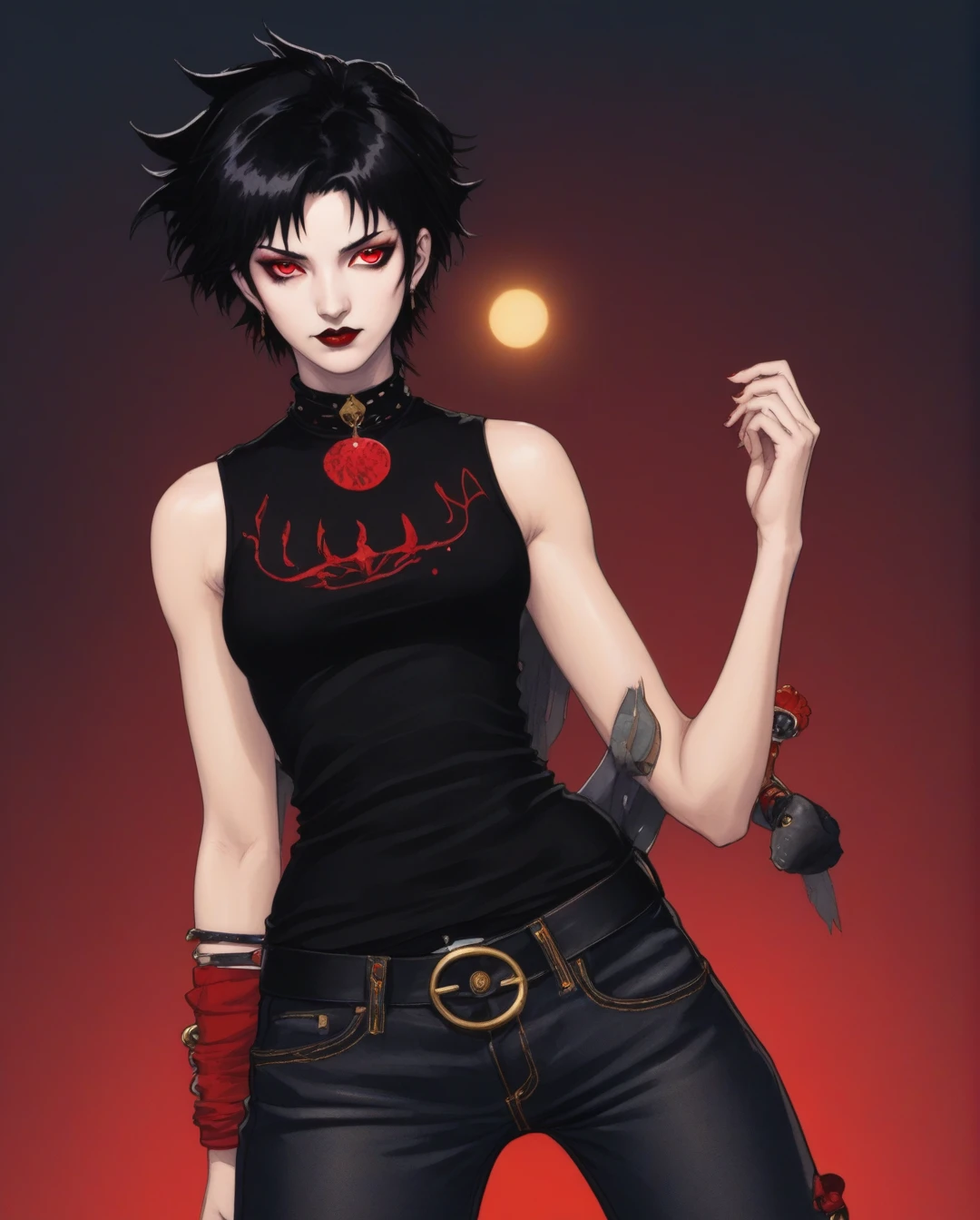 amano yoshitaka, a full-body, high-resolution anime style of a rebellious age female punk rocker with short curly black hair, thin face, intense red lips, sleeveless black top, and tight black denim pants, inspired by the works of Yoshiaki Kawajiri, vibrant and edgy, with dramatic lighting and dynamic composition