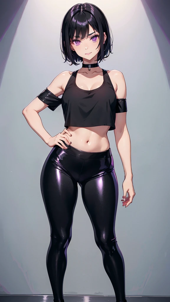 young girl, short black hair, violet eyes, smirk, full body, high quality, 4k, HD, Good detail, choker, crop top, shiny black leggings, red chapped lips
