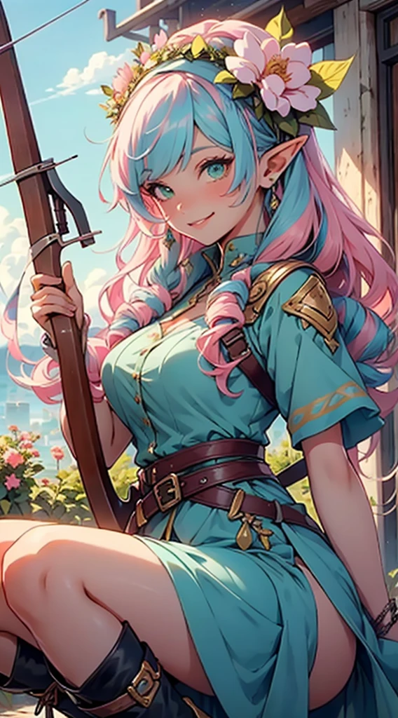beautiful adult women elf, long pink hair and blue streaks hair, green eyes, with flower crown, smile, flirty bard, aiming an arrow from archery weapon, boots, blue and pink armor dress, medium bust, 