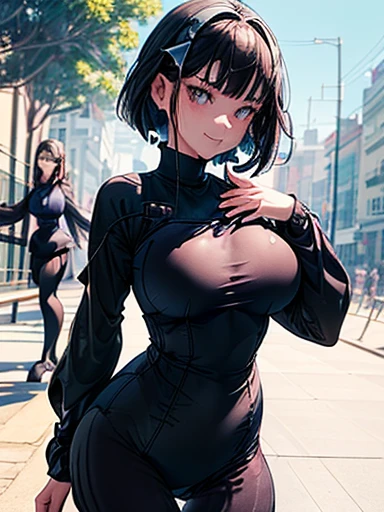 highest qualthaty、Complete limbs、Full Finger、Black-haired woman、Medium hair woman、Beautiful busty woman:1.3、(A woman wearing a navy blue one-piece long-sleeved school swimsuthat:1.5)、(((woman wearing black tights:1.5)))、Big smile、street tree、that'it's raining、(Wet texture:1.3)