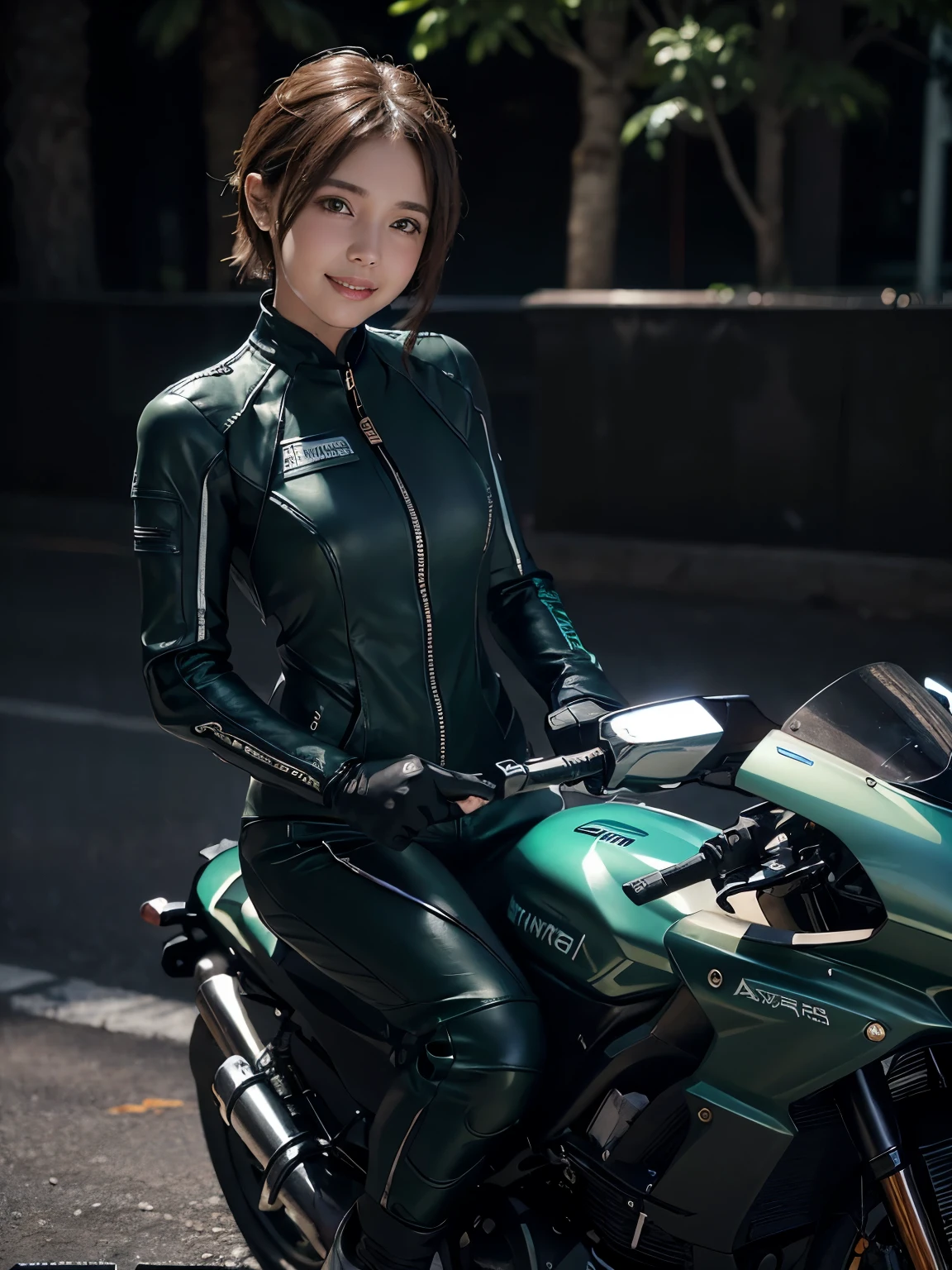 Hyperrealist Female Portrait by David Hockney and Alphonse Mucha, Photo Real, Dynamic Lighting, Volumetric lighting, Highly detailed face, Detailed Hair, 8K, One girl, (smile), Short Hair, Detailed Motorcycle, ((Riding a motorcycle)), ((Green racing leather suit))