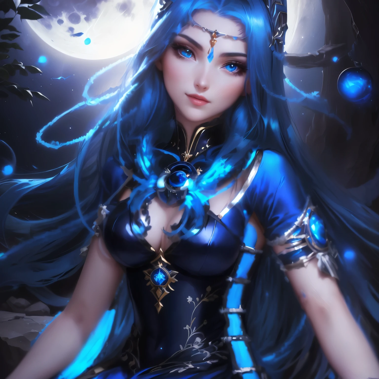 a woman in a blue dress sitting on a rock with a full moon behind her, anime goddess, nico robin, moon goddess, knights of zodiac girl, also known as artemis the selene, the goddess artemis smirking, lunar goddess, the greek goddess aphrotite, maya ali sorceress, celestial goddess, goddess of the moon, tenebra, best quality, 8k, blue hair, white eyes, blue dress