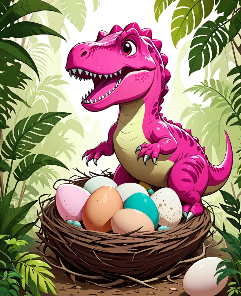 Interesting illustrations：Cute pink Tyrannosaurus Rex，Dinosaur eggs in the nest