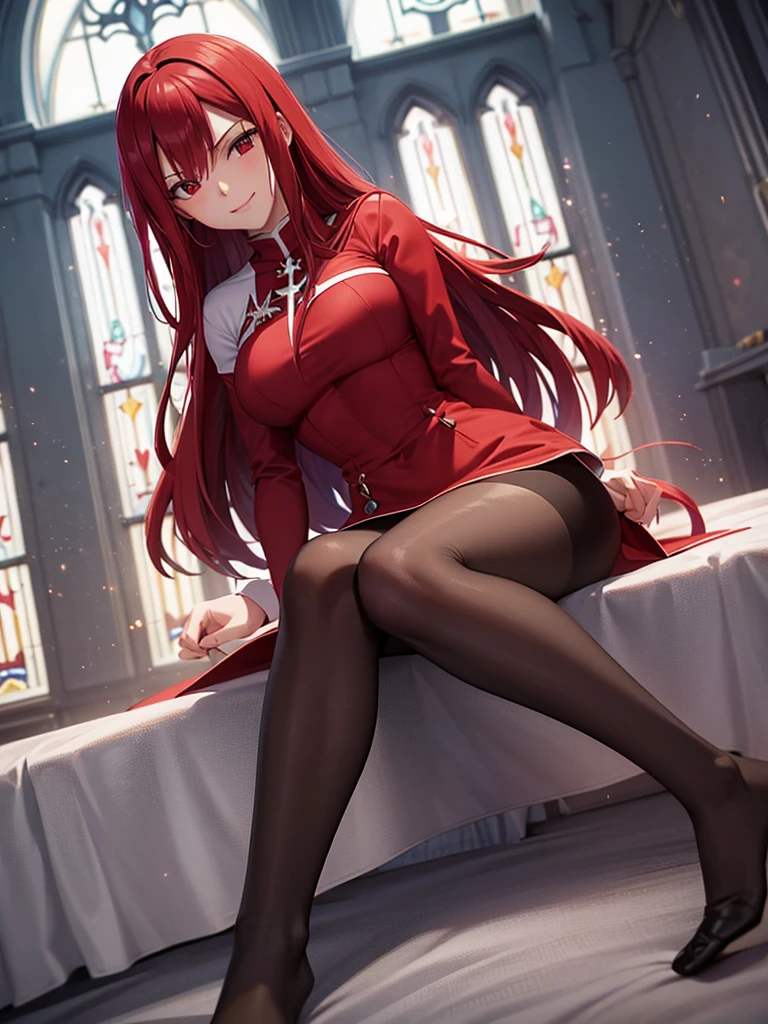 Full body picture of 1 girl: Erza Scarlet, smiling, laying in bed wearing Rin Tohsaka outfit, in a room with huge church-like windows at night, ultra realistic, top quality, sexy picture