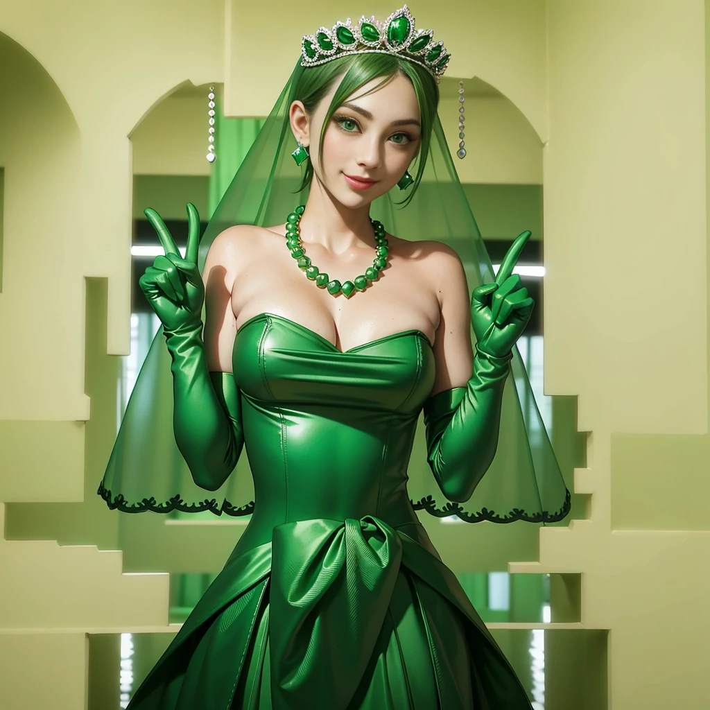 Emerald tiara, Green Pearl Necklace, Boyish very short green hair, lipstick, Smiling Japanese woman, Very short hair, Big and beautiful, Green Eyes, Long green satin gloves, Green Eyes, Vsain, Emerald Earrings, Green veil, peace sign, 30-year-old woman, Bride in her 30s, During pregnancy
