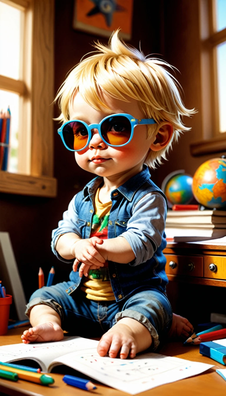 (photo film style), anthropomorphic, cute little blond hair baby boy, wearing sunglasses , in his room, studying, 2D, colorful, warm atmosphere, shiny, Jean-Baptiste Monge style, Alan Lee style