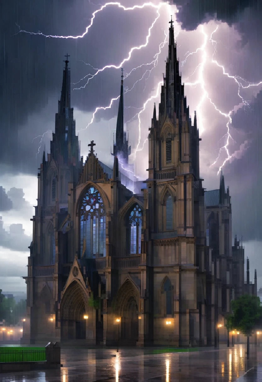 A Gothic cathedral during a thunderstorm, with lighting swirling around the spires and lightning illuminating the ominous clouds.