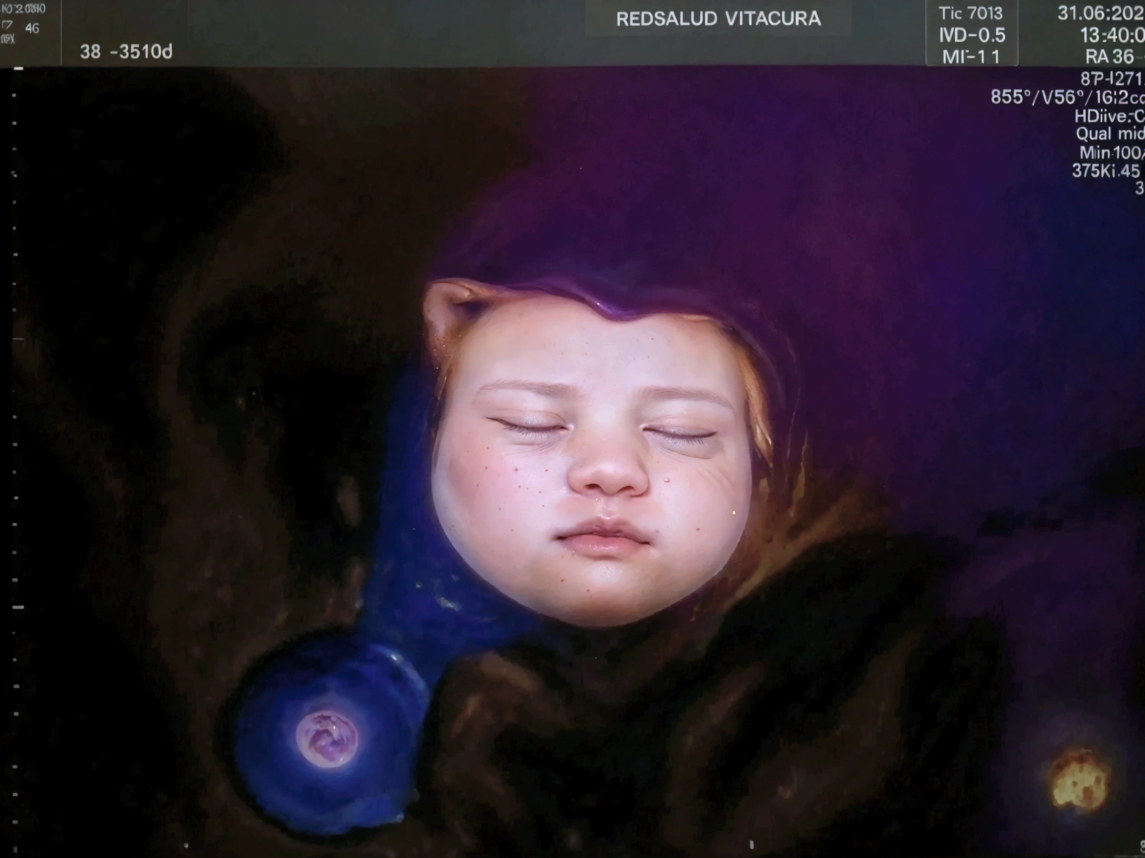 Enhance this 4D ultrasound image of a 35 weeks fetus. Arafed image of a baby's face, fetus, high-resolution scan, Very chromatic aberration, extremely high-quality scan, Hyper-realistic simulation, high-quality scan, Bump mapping, High-quality 3D realism, simetry! human fetus, Realistic flesh texture, Heavy JPEG artifact blurred, Highly realistic bump mapping, high-resolution scan. A close-up image of a head with an image of a 35 weeks fetus, high-resolution scan, high-resolution scan, Escaneo 4K, Escaneo 4K, Escaneo HD, fetus, Cerrar - IP shot, Tapa de pantalla, Medical imaging, Highly coherent image, Detailed analysis, screen capture, extremely high-quality scan, 8K scan, 8K scan, Detailed screen capture. face in profile. eyes closed