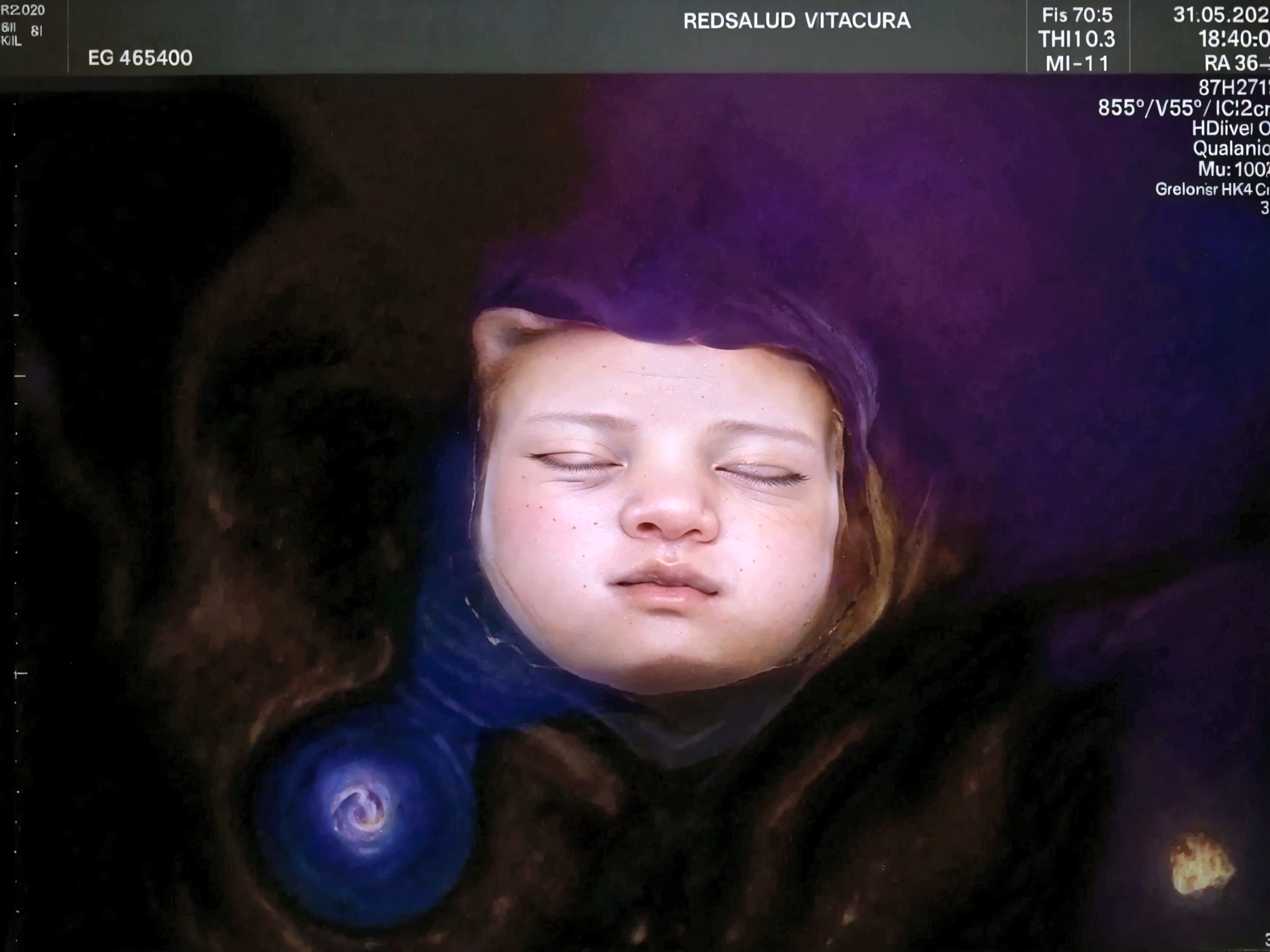 Enhance this 4D ultrasound image of a 35 weeks fetus. Arafed image of a baby's face, fetus, high-resolution scan, Very chromatic aberration, extremely high-quality scan, Hyper-realistic simulation, high-quality scan, Bump mapping, High-quality 3D realism, simetry! human fetus, Realistic flesh texture, Heavy JPEG artifact blurred, Highly realistic bump mapping, high-resolution scan. A close-up image of a head with an image of a 35 weeks fetus, high-resolution scan, high-resolution scan, Escaneo 4K, Escaneo 4K, Escaneo HD, fetus, Cerrar - IP shot, Tapa de pantalla, Medical imaging, Highly coherent image, Detailed analysis, screen capture, extremely high-quality scan, 8K scan, 8K scan, Detailed screen capture. face in profile. eyes closed