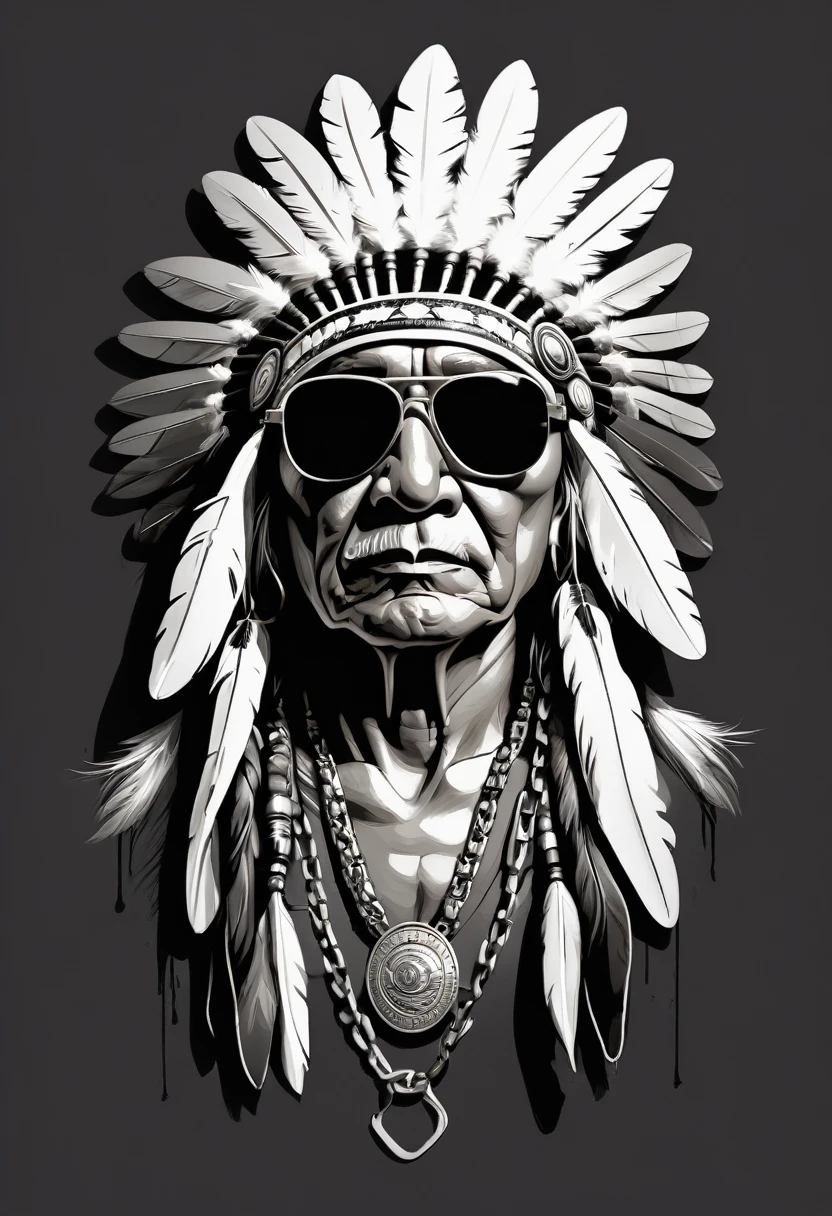 creative logo illustration black and white raw sketch portrait of an old indian chief  with golden sunglasses, chaine, monochrome, digital art style featuring the word ( SWAG) by dan mumford, carne griffith, jen pierre monge, sketch, high definition, clean, smooth, negative space, T-shirt design