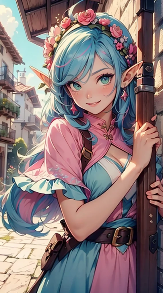 beautiful adult women elf, long pink hair and blue streaks hair, green eyes, with flower crown, smile, flirty bard, aiming an arrow from archery weapon, boots, blue and pink armor dress, medium bust, 