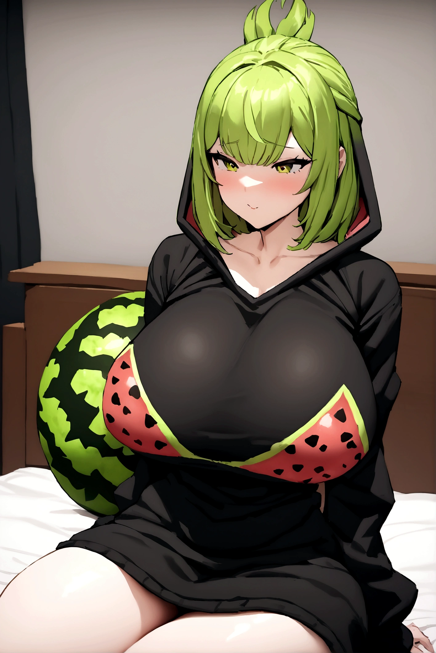 Best quality, masterpiece, lime color hair, black oversized hoodie with watermelon pattern, huge bulging breasts, bedroom, sitting on a bed, sexy, 