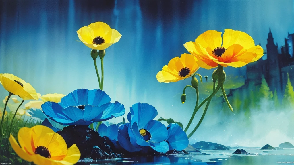 32k, Masterpiece, Highest quality, One girl, Detailed eyes, flower,Iceland Poppy, Blue and yellow style,A dreamy, romantic piece,Pale yellow, Mysterious Leaves,A playful arrangement,Fantasy,High Contrast,Ink strokes,explosion,Exposure, Impression of blue and yellow tones,Abstract,((Watercolours by John Berkey and Jeremy Mann )) Brush strokes,Negative Space, Tyndall effect,