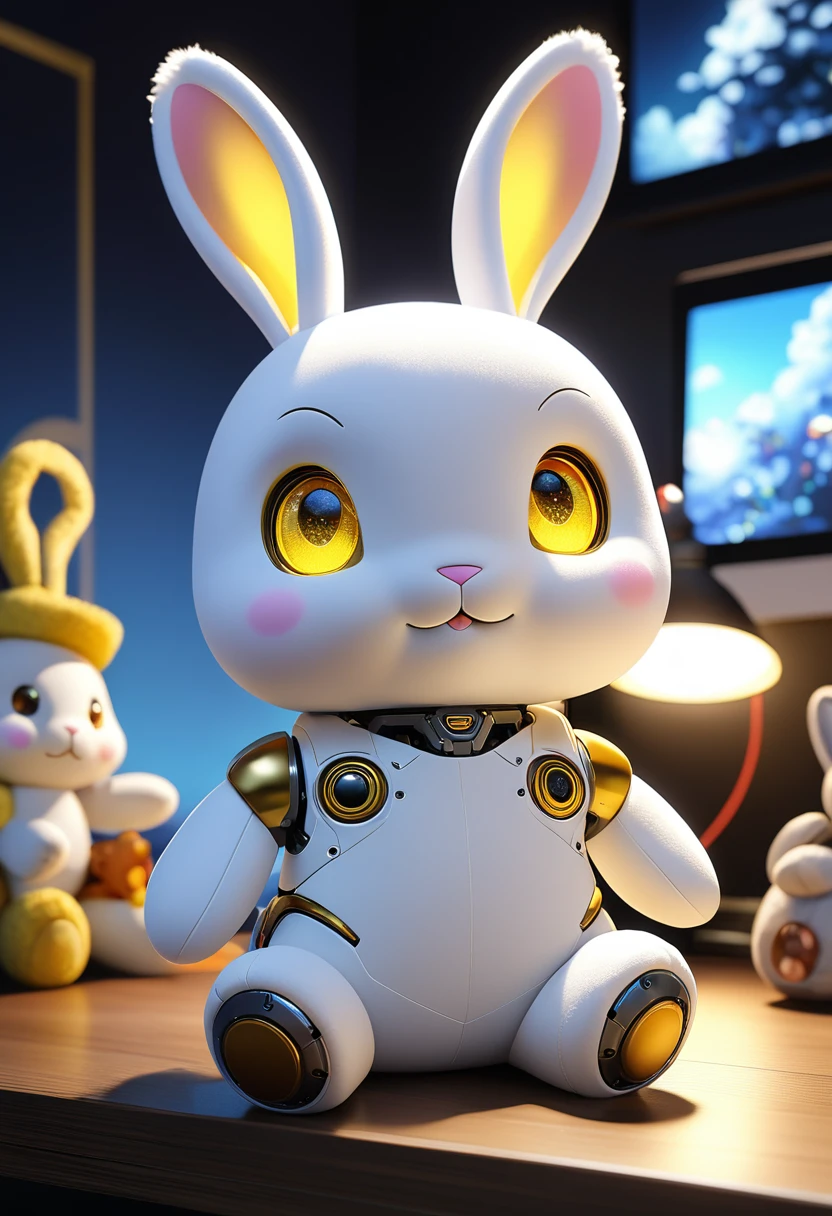 A white rabbit with yellow eyes is sitting, stuffed toy, Cute anthropomorphic rabbit, Cute Anime, Cute Toys, stuffed toy photography, ウサギrobot, stuffed toy, Soft Anime, stuffed toy, stuffed toy, Cute and detailed digital art, With glowing eyes, Cute digital art,robot,Plastic Models,Glossy CG ,Unity ,8k wallpaper, wonderful, In detail, masterpiece,Highest quality,Official Art, 非常に詳細な CG Unity 8k wallpaper,３d