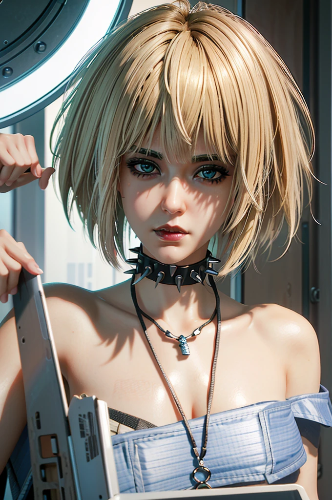 (masterpiece, best quality, highres)
 CyberMisty, 1girl, solo, blonde hair, spiked collar, makeup,  ilya kuvshinov, anime, pixiv top monthly, trending on artstation, cinematic, danbooru, zerochan art, kyoto animation, nude breasts,