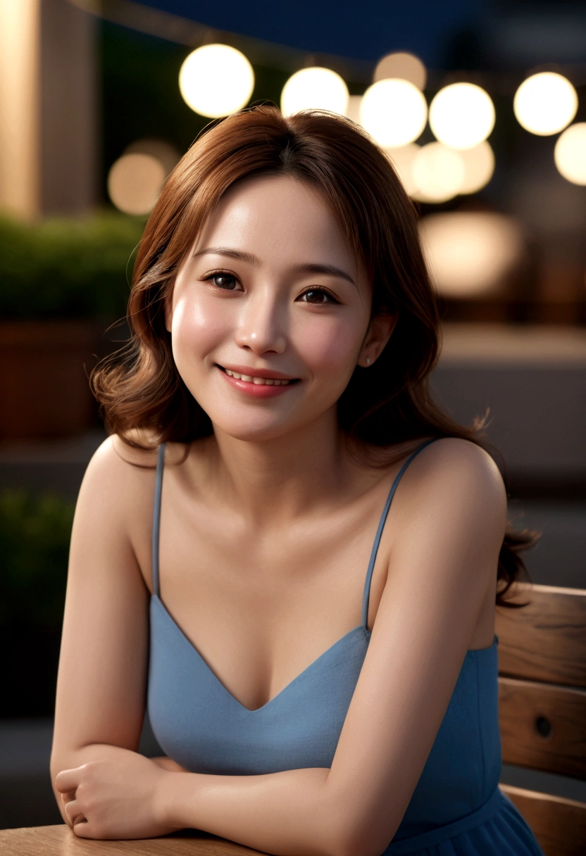 (8K, RAW Photos, Highest quality, masterpiece:1.2), (Realistic, photo-Realistic:1.37), Super detailed, 40 years old,1 female,round face,cute, alone,Talking,night,Sitting,Date,(smile:1.1),(Reduce skin exposure)