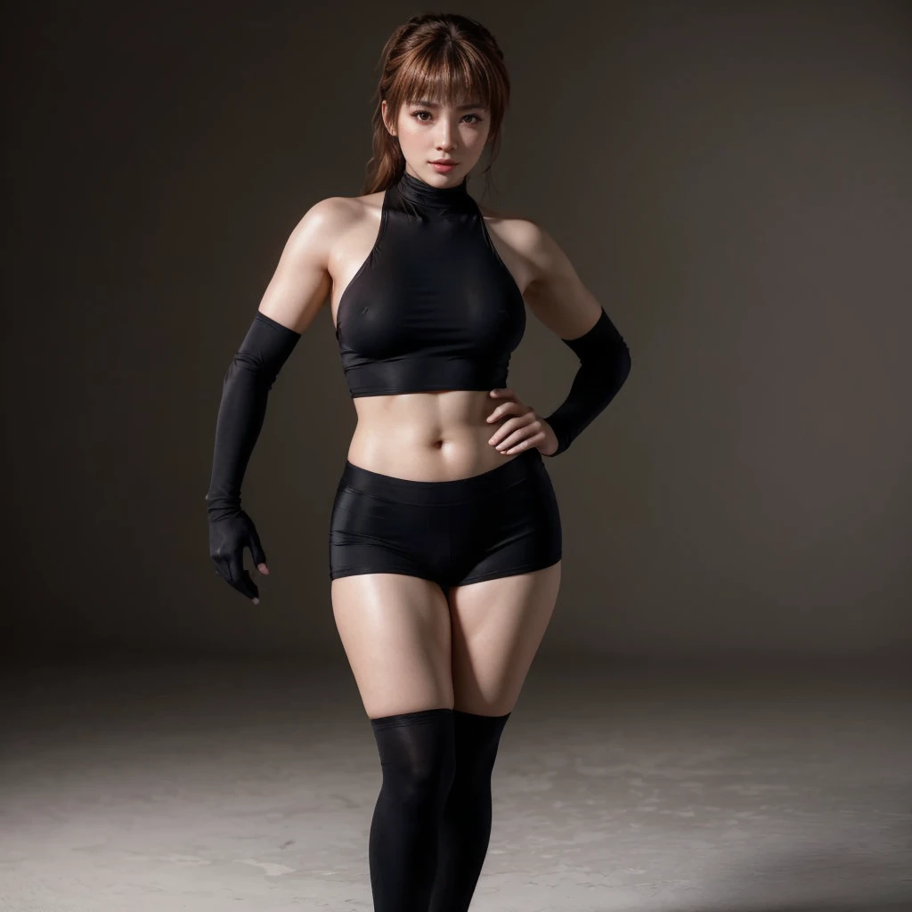 Kasumi, brown eyes, (best quality, ultra-detailed), (realistic:1.37), beautiful and detailed face, ultra-realistic texture, delicate face, delicate body, red lipstick, bright colors. High definition, 8K.