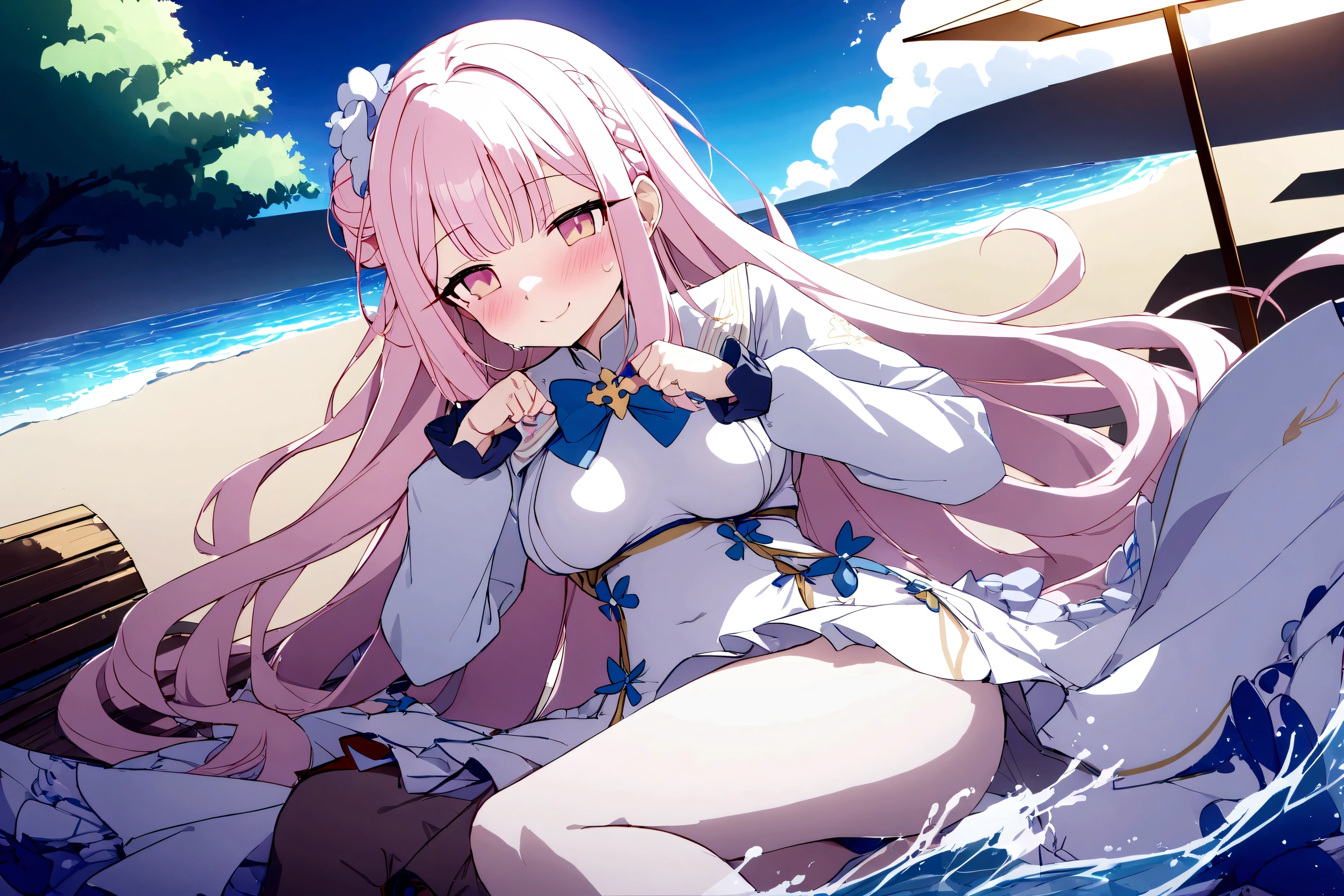 Mika(Blue Archive),最high quality, 最high quality, masterpiece, detailed outfit, Super detailed, ultra detailed, Highly detailed, Cinema Lighting, Perfect Anatomy, CG:1.9, ultra detailed:1.9, ultra-detailed:1.9, High resolutionolution:1.9, High resolution:1.9, Absurd:1.9, masterpiece:2, high quality:2, 最high quality:2,Perfect hands、Perfect Fingers,Hands up,Perfect lighting,smile,Beautiful attention to detail,(Kicking and splashing:1.3),Beautifully detailed face,Swimwear,clothing: bikini, is wearing a Swimwear,sauce_anime,Lower Body,(Slightly exposed breasts),Outdoor,blue sky,anime - style scene of a beach with a tree and a bench,horizon,Konachan's Wallpaper,Beach parasol,Part your lips,Beautiful lip detail