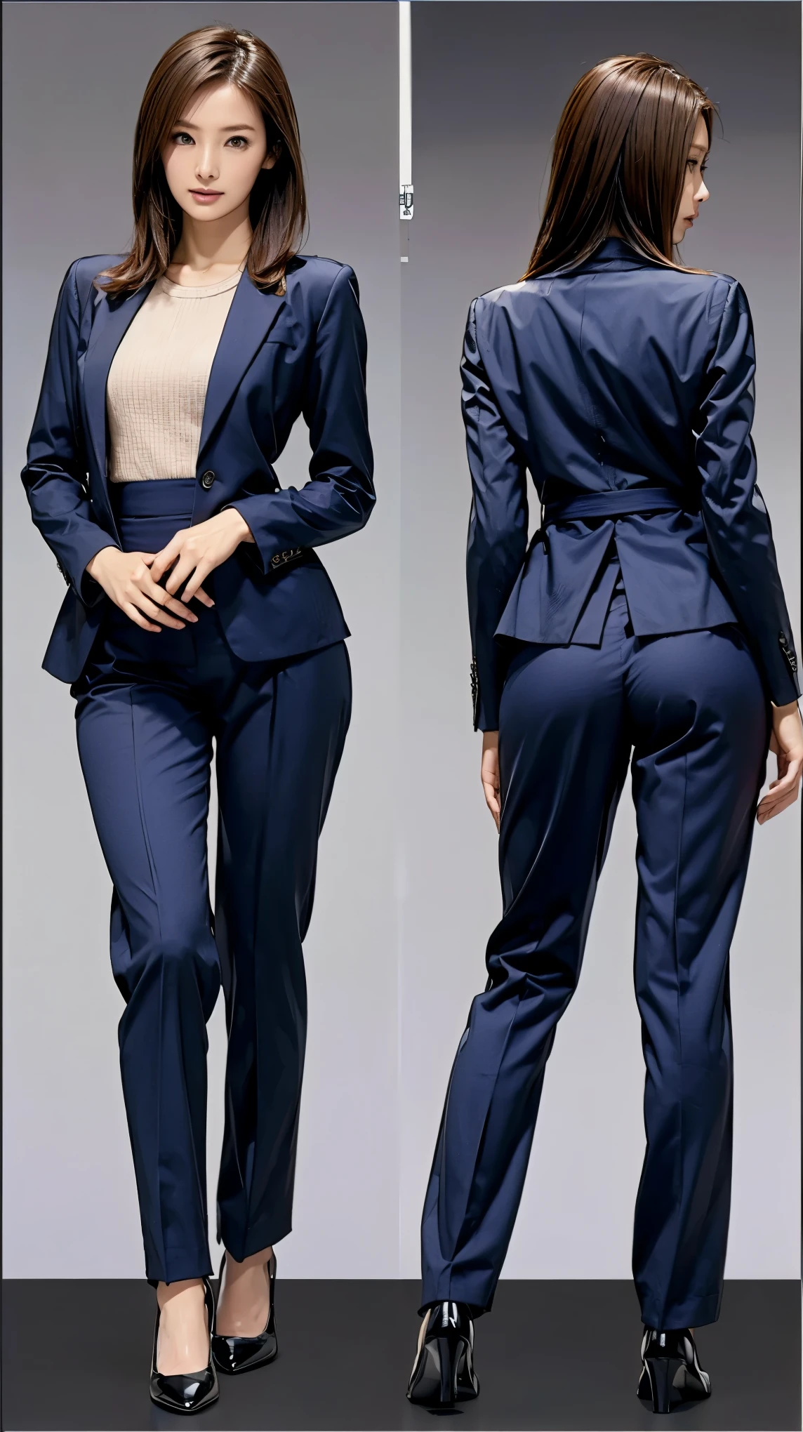 ((masterpiece)),(((Highest quality))),((Character design sheet)),Thin thighs,Long legs,Girl, Skinny Japanese woman, Very small waist, grey suit, Open jacket, office lady, suit, pants, From behind, Office Room, machine, (Stick your butt out:1.2), Detailed face, View your viewers