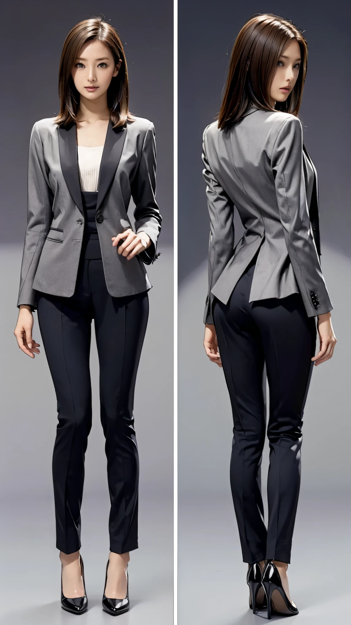 ((masterpiece)),(((Highest quality))),((Character design sheet)),Thin thighs,Long legs,Girl, Skinny Japanese woman, Very small waist, grey suit, Open jacket, office lady, suit, pants, From behind, Office Room, machine, (Stick your butt out:1.2), Detailed face, View your viewers