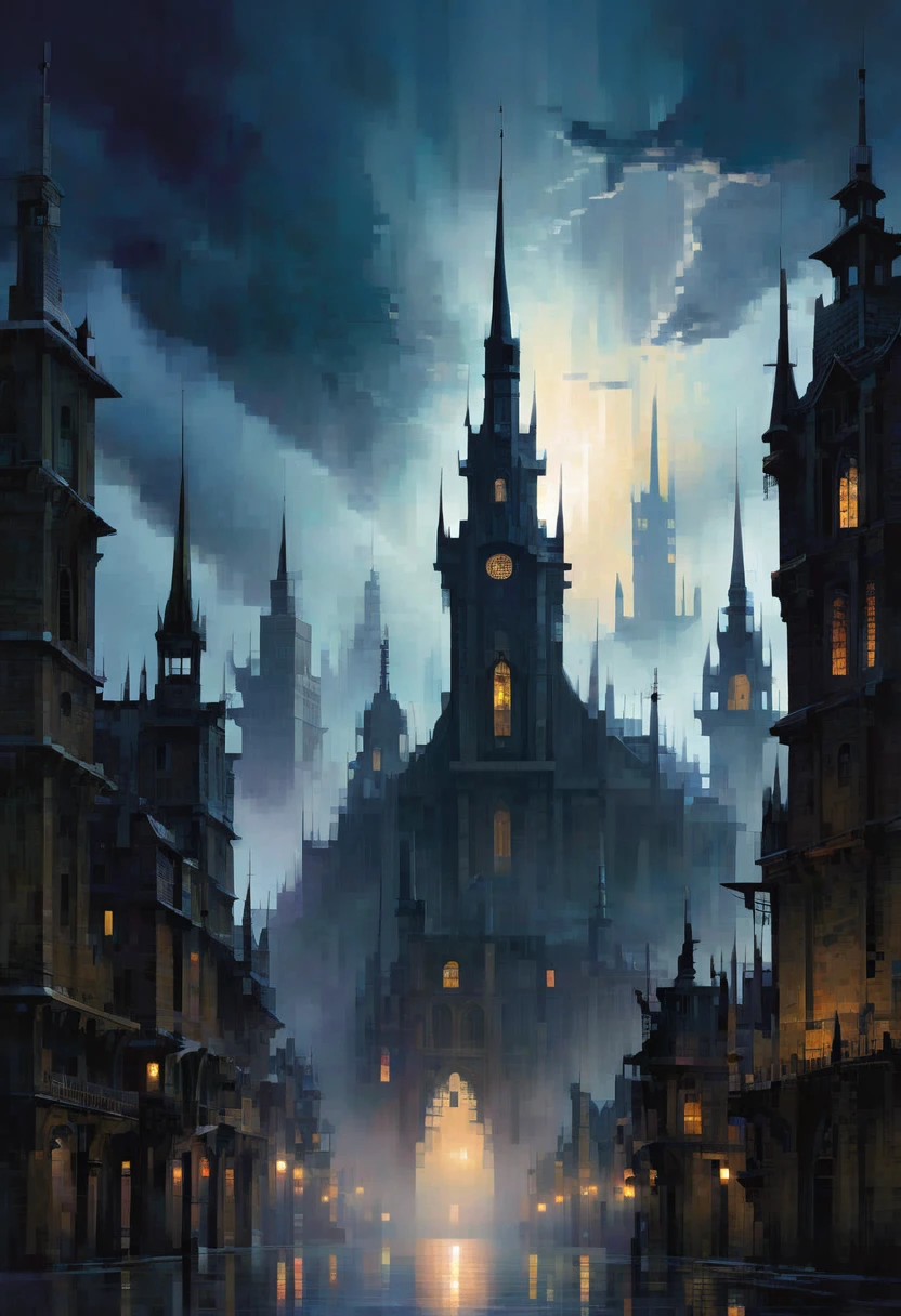 A haunting cityscape emerges from the depths of darkness, with spires reaching towards a foreboding sky, each structure pulsating with malevolent energy.
