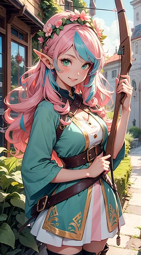 beautiful adult women elf, long pink hair and blue streaks hair, green eyes, with flower crown, smile, flirty bard, aiming an arrow from archery weapon, boots, blue and pink armor dress, medium bust,