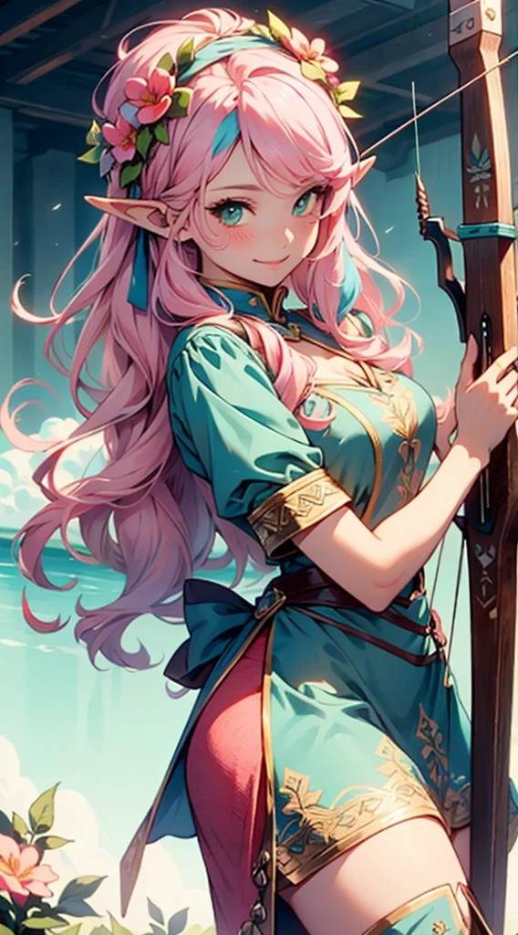 beautiful adult women elf, long pink hair and blue streaks hair, green eyes, with flower crown, smile, flirty bard, aiming an arrow from archery weapon, boots, blue and pink armor dress, medium bust,