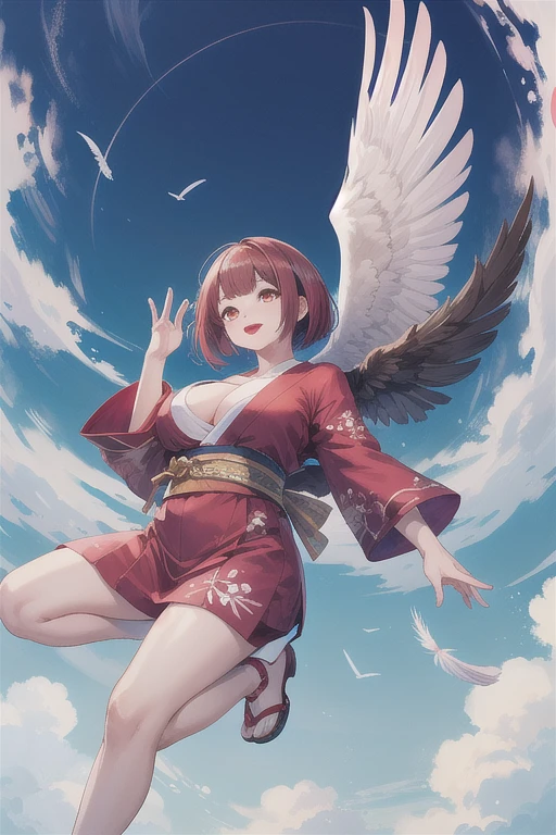 A beautiful 55 year old mature Japanese woman, married woman, thin lines, long eyelashes, red eyes, bob haircut, red lipstick, large breasts, angel costume, white feathered wings, floating, sky, blue sky, levitating