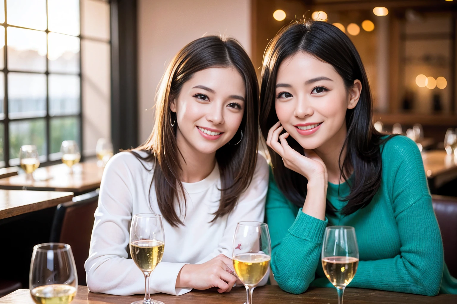 ((Highest quality、8K、masterpiece:1.3))、1 male 1 female、Slim lover、Beautiful couple、Smile、full-course dinner、 (Slim face), (the body is スリム), (Brown Hair), (Shortcuts), ((Bob Hale、Straight hair:1.2)), テーブルの上のwine glass、Shine light on your face、 Amazing view of the sunset sky and clouds、The beauty of a smile、Bright image、Blushing, Shortcuts, (43 years old), 39 years old, Appetizers、Italian food、Wine bottle、Champagne、sparkling wine、Long sleeve shirt、dress、Attractive beauty、restaurant, Nova Frog Style, actress, model, Upper Body, White wine, red wine, wine glass,