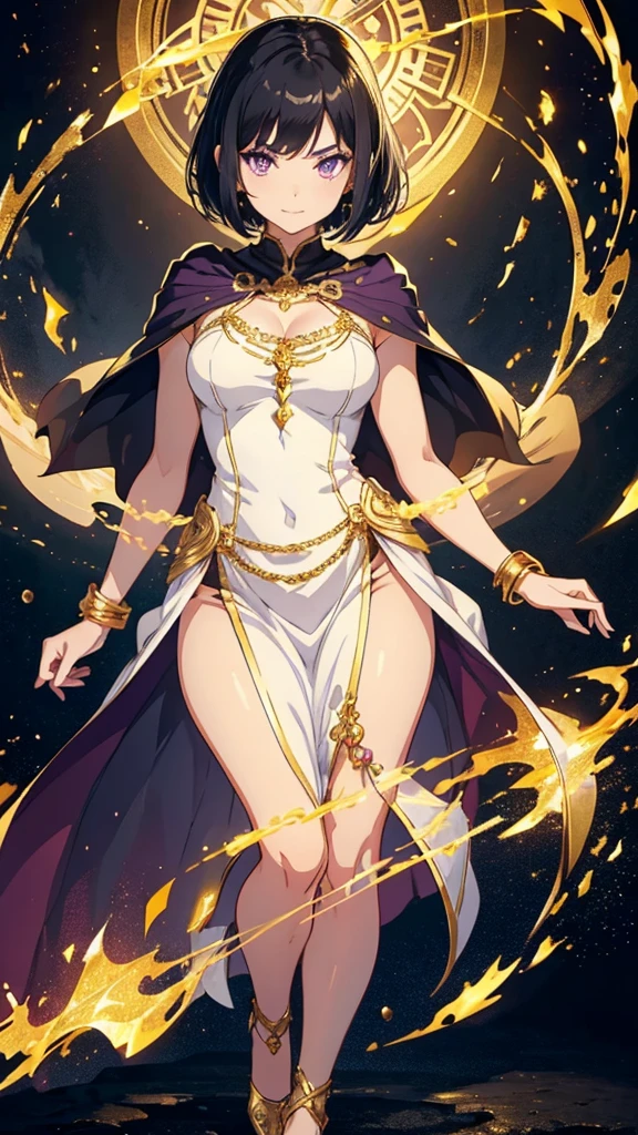 young girl, short black hair, violet eyes, smirk, full body, high quality, 4k, HD, Good detailed, beautiful goddess, Standing posture, Gold and jewel decoration, Gold Bracelet, Golden Cape, White long dress, Beautiful chest, Sleeveless
