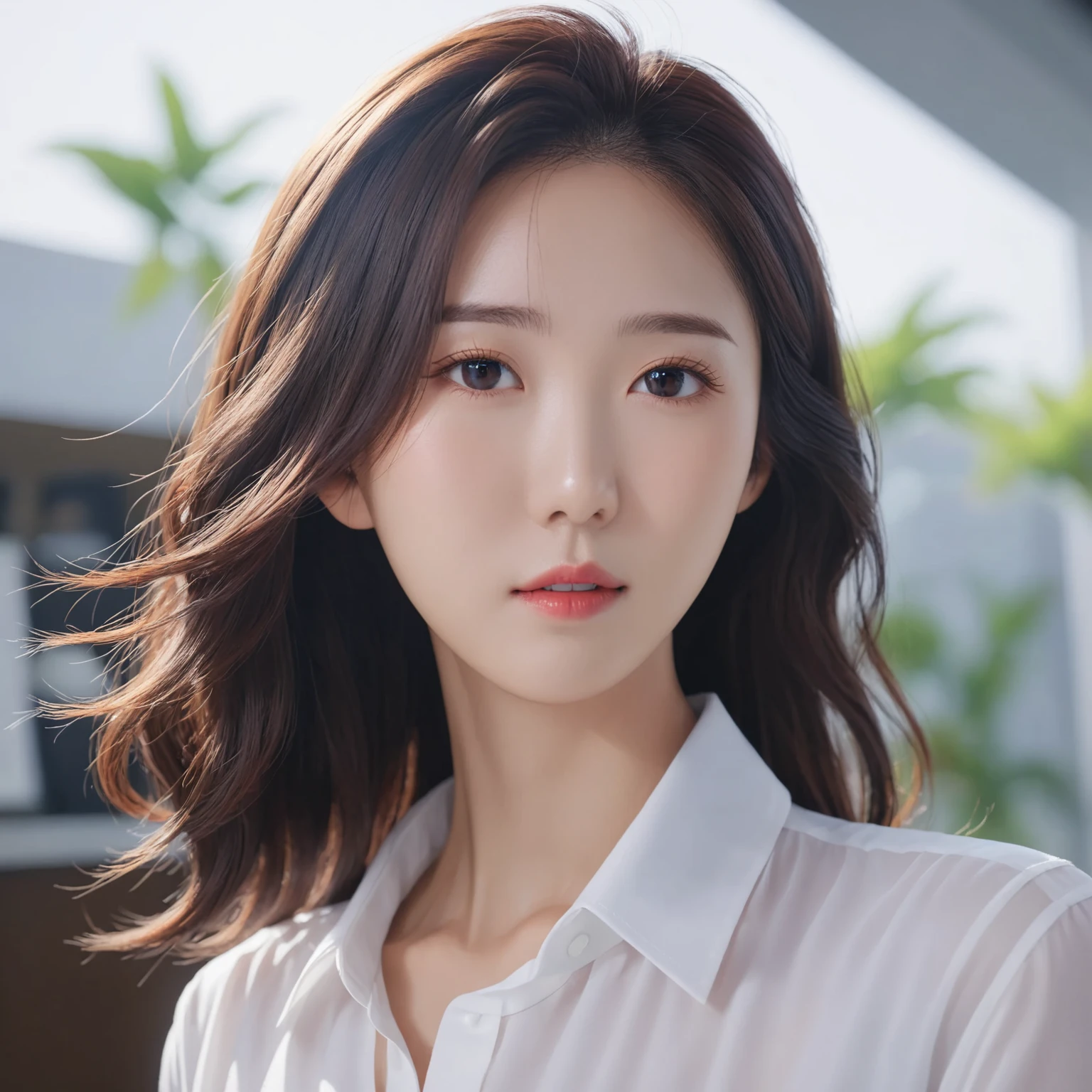 Best Quality, 8k, Masterpiece, (Portrait: 1.3), (photo realistic:1.4), (hyper realistic:1.4), Sharp Focus, looking at viewer, (smoother lighting:1.1), (increase cinematic lighting quality:0.9), realistic lighting, backlighting, light on face, ray trace, (brightening light:1.2), (Increase quality:1.4), sharp detail, (best quality real texture skin:1.4), finely detailed eyes, black_eyes, finely detailed face, 25 year old Korean woman, (white formal_shirt:1.4), (Create an image maintaining the original base model hairstyle:1.5)