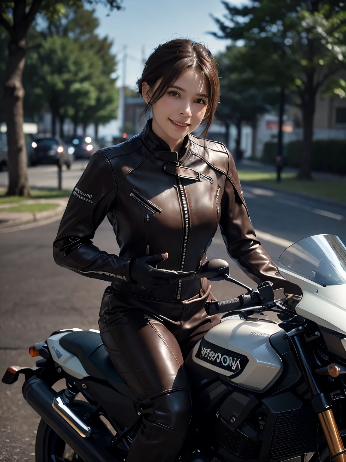 Hyperrealist Female Portrait by David Hockney and Alphonse Mucha, Photo Real, Dynamic Lighting, Volumetric lighting, Highly detailed face, Detailed Hair, 8K, One girl, (smile), Short Hair, Detailed Motorcycle, ((Riding a motorcycle)), ((Brown racing leather suit))