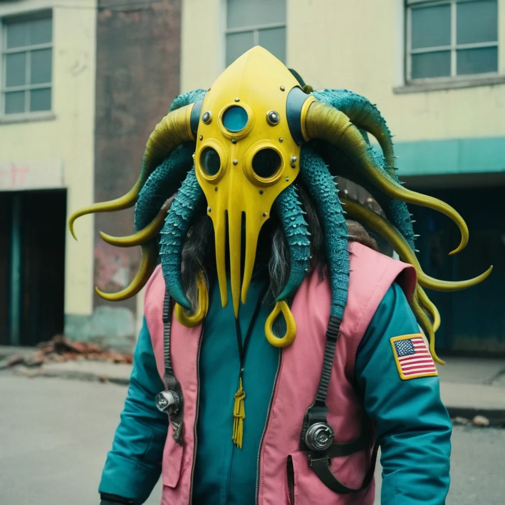 Horror-themed, In an ancient and mysterious city a person wearing a yellow helmet with pink dark spikes on it carcosa city style, Don Bluth Style ASTRONAUT Cthulhu yellow Toon Doll, full body RAW candid cinema, cyan hair, 16mm, color graded portra 400 film, Eerie, unsettling, dark, spooky, suspenseful, grim, highly detailed, titanium decorative headdress, cinematic, trending on artstation | Isometric | Centered