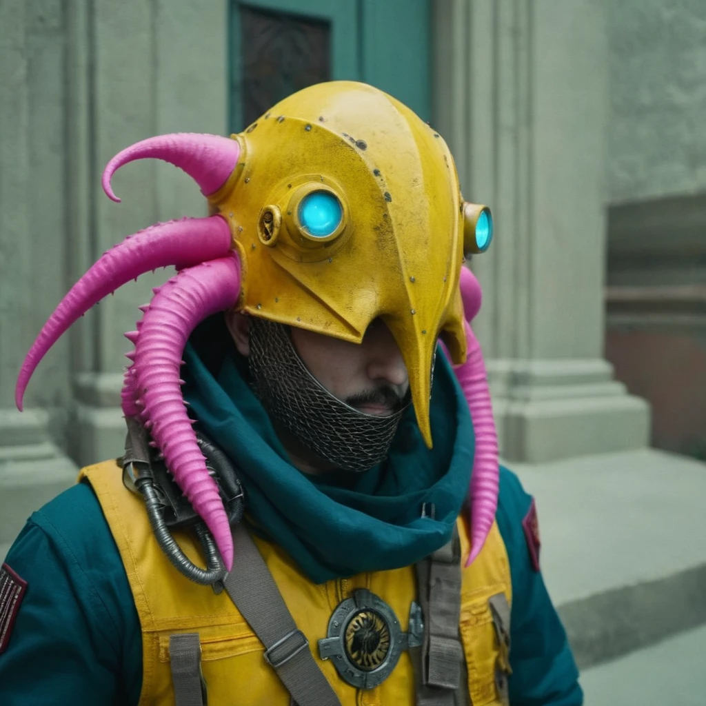 Horror-themed, In an ancient and mysterious city a person wearing a yellow helmet with pink dark spikes on it carcosa city style, Don Bluth Style ASTRONAUT Cthulhu yellow Toon Doll, full body RAW candid cinema, cyan hair, 16mm, color graded portra 400 film, Eerie, unsettling, dark, spooky, suspenseful, grim, highly detailed, titanium decorative headdress, cinematic, trending on artstation | Isometric | Centered