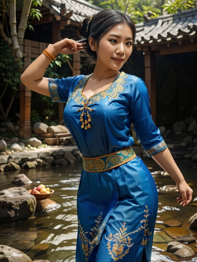 close up, an korean woman with a cheerful face, hair tied in a typical Javanese bun, wearing a blue Javanese kebaya with batik pattern, in a fast-flowing rocky river, carrying at the waist a big wooden basket full of fruit, a background of rocks, bamboo trees, bushes, very big breast