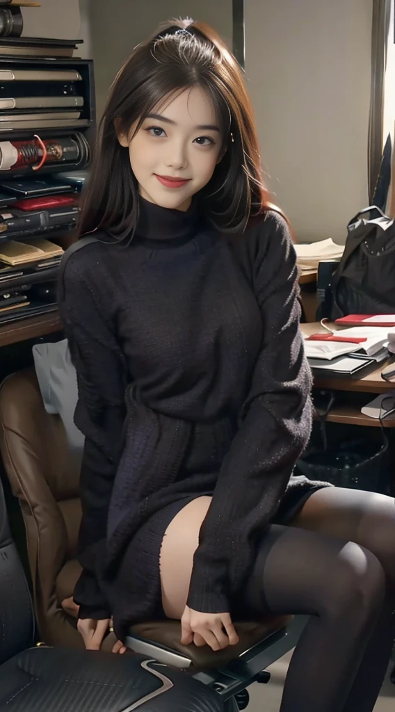 Best Quality, Full Body Portrait, Cinematic Texture Shot, Exquisite Face, Beautiful Face, 20 Year Old Woman, Smiling, Slim Figure, Small Bust, OL Uniform, Office Wear, Black Stockings, Interior Scene, Office, Seated