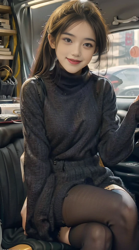 Best Quality, Full Body Portrait, Cinematic Texture Shot, Exquisite Face, Beautiful Face, 20 Year Old Woman, Smiling, Slim Figure, Small Bust, OL Uniform, Office Wear, Black Stockings, Interior Scene, Office, Seated