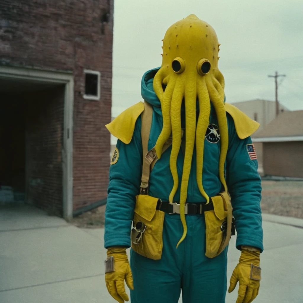 Horror-themed, In an ancient and mysterious city a person wearing a yellow helmet with yellow spikes on it carcosa city style, Don Bluth Style ASTRONAUT Cthulhu yellow Toon Doll, full body RAW candid cinema, cyan hair, 16mm, color graded portra 400 film, Eerie, unsettling, dark, spooky, suspenseful, grim, highly detailed