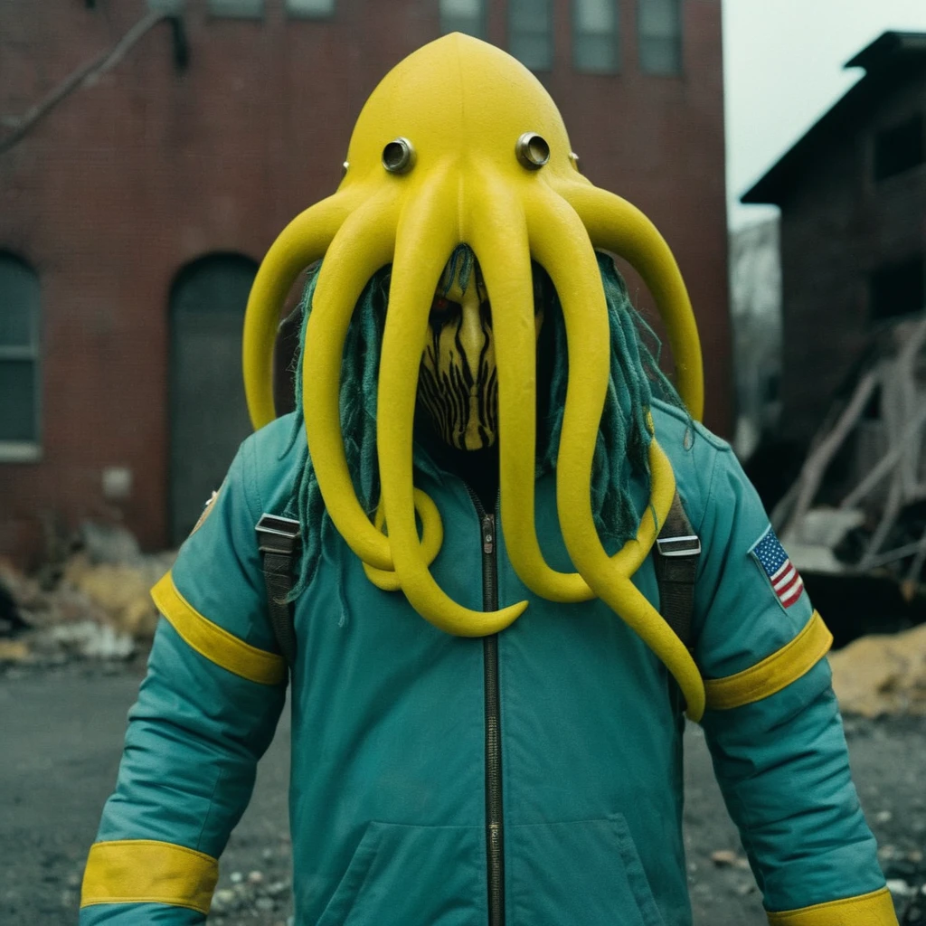 Horror-themed, In an ancient and mysterious city a person wearing a yellow helmet with yellow spikes on it carcosa city style, Don Bluth Style ASTRONAUT Cthulhu yellow Toon Doll, full body RAW candid cinema, cyan hair, 16mm, color graded portra 400 film, Eerie, unsettling, dark, spooky, suspenseful, grim, highly detailed