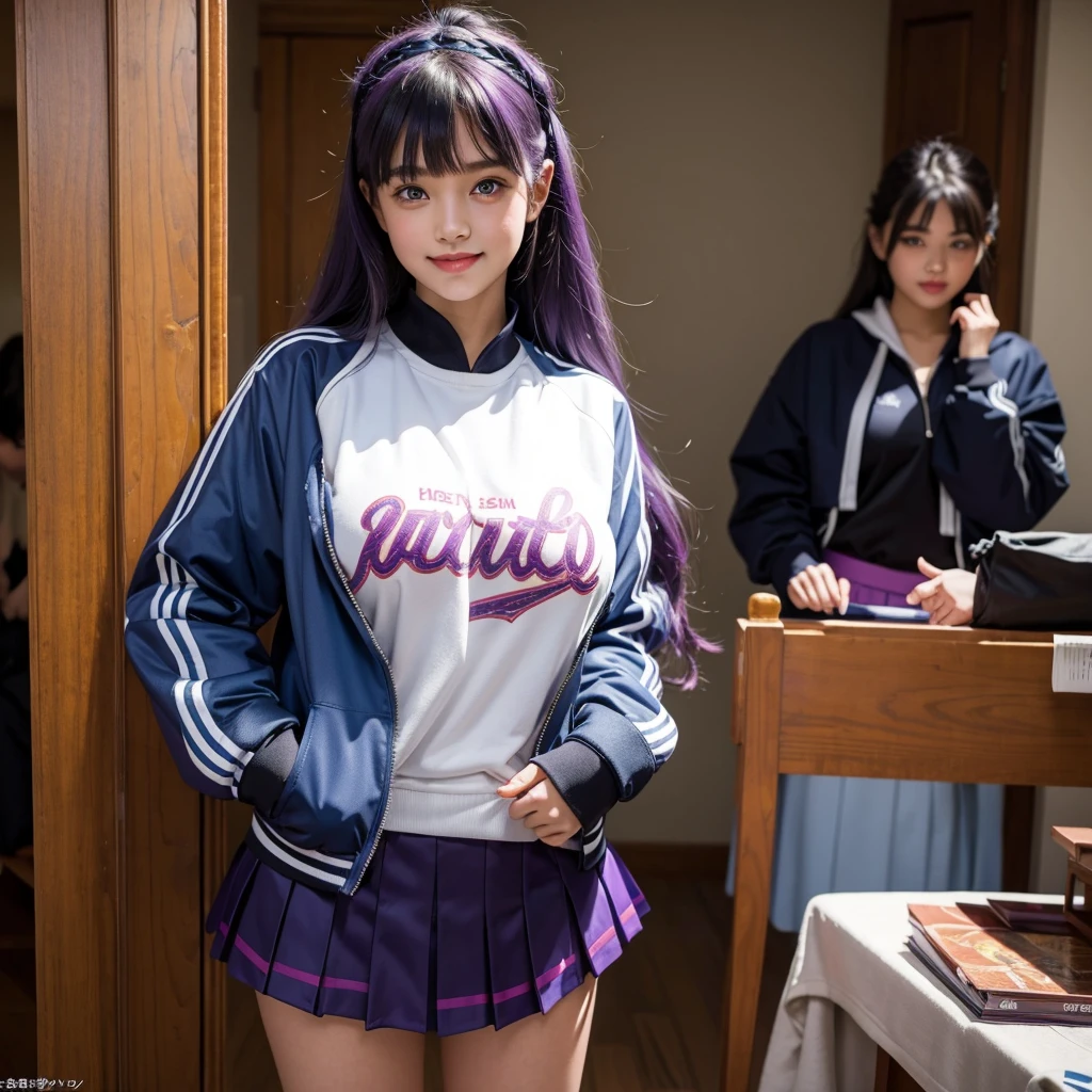 Best Quality,8K,smile,Ribbon on uniform,mini skirt,high school girl,Several girls are depicted,Harem,Track jacket,photo shoot,Long Hair,Highest quality,Big Breasts,Happy girl,Horny girl,blue eyes,Perfect Face,Standing posture,I have my hands in my pockets,Gravure idol,model,She has her bangs down,Smooth hair,Purple Hair,Hyper Realistic Stick,Naughty Girls,The room,Time to take off your clothes,Beautiful girls,beautiful girl,loose socks