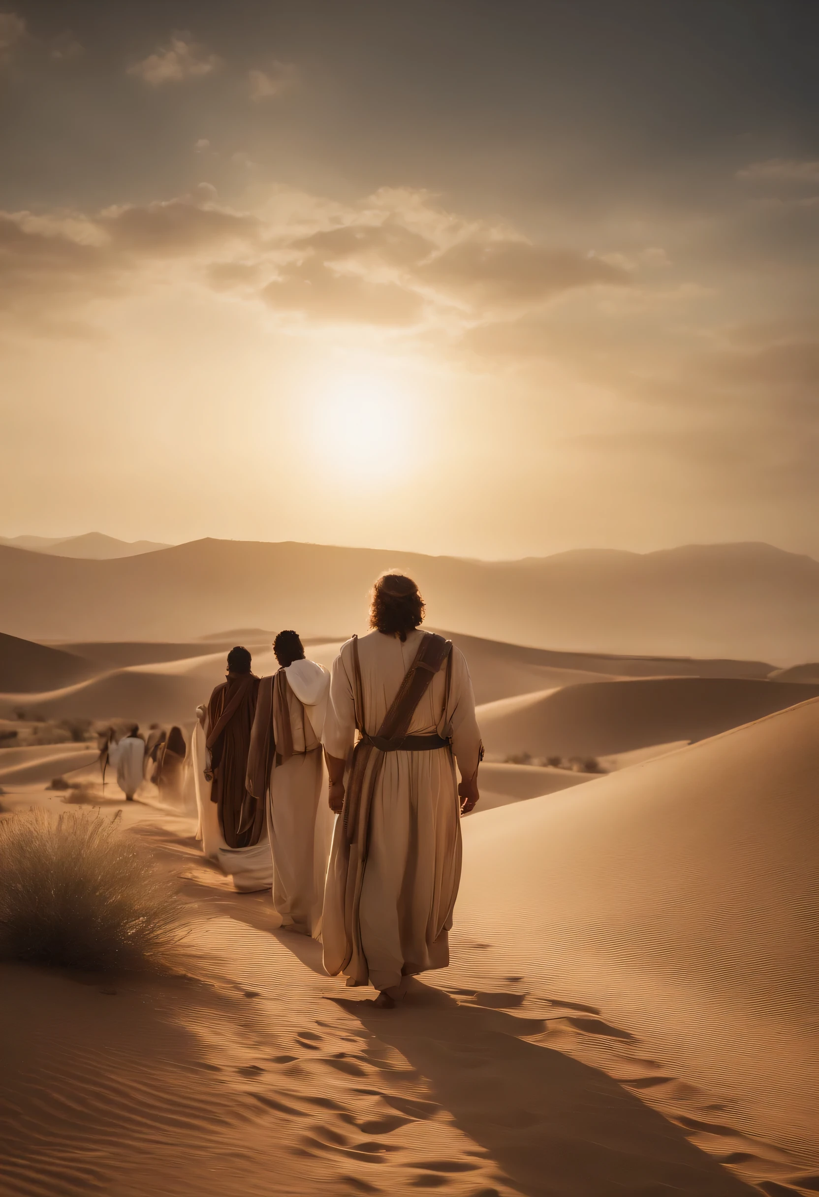 Create an image that represents Moses&#39; journey in the desert, highlighting his encounters with angels. Exodus 14:19 describes how &#39;the angel of God who had gone before the camp of Israel&#39; played a crucial role in leading the people through the wilderness. This episode illustrates how angels served as divine guides and protectors for God&#39;s people during their journey.. The image should convey the idea of angels guiding and watching over the Israelites as they traverse the desert., symbolizing their role as heavenly guardians.
