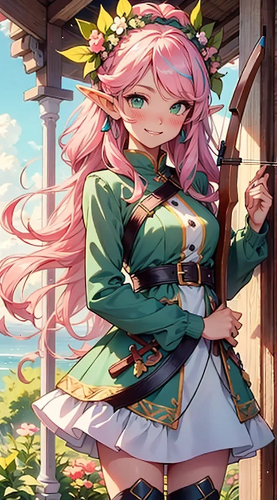 beautiful adult women elf, long pink hair and blue streaks hair, green eyes, with flower crown, smile, flustered, aiming an arrow from archery weapon, boots, blue and pink armor dress, medium bust,

