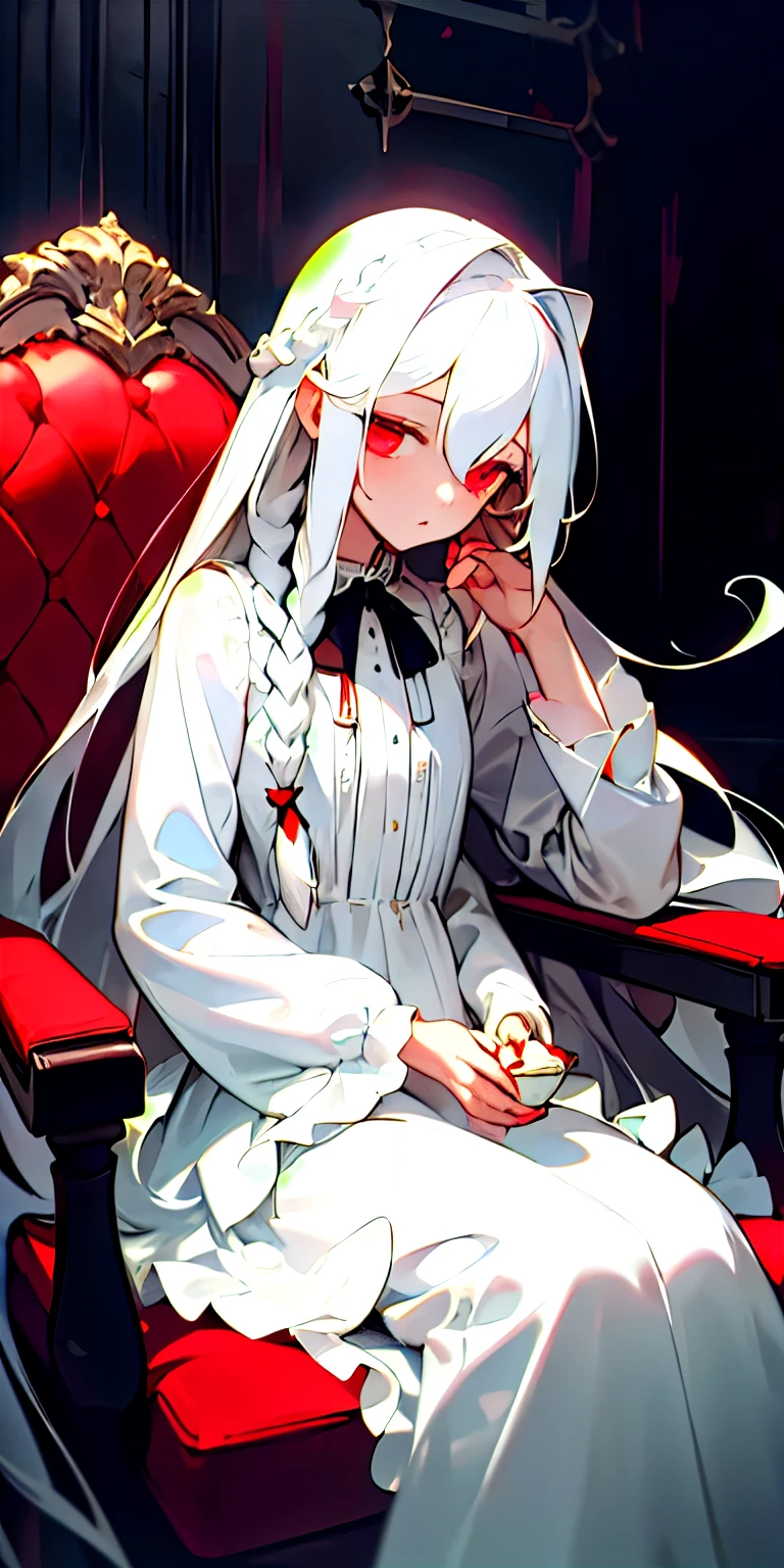 (masterpiece, best quality),1girl with long white hair in  a braid and has flat chest, sitting in fancy chair inside a dark haunting but beautiful mansion, floating tea cups, dark and beautiful lighting, white lolita dress, her left eye is a red color and her right is a white color, she has a blank expression