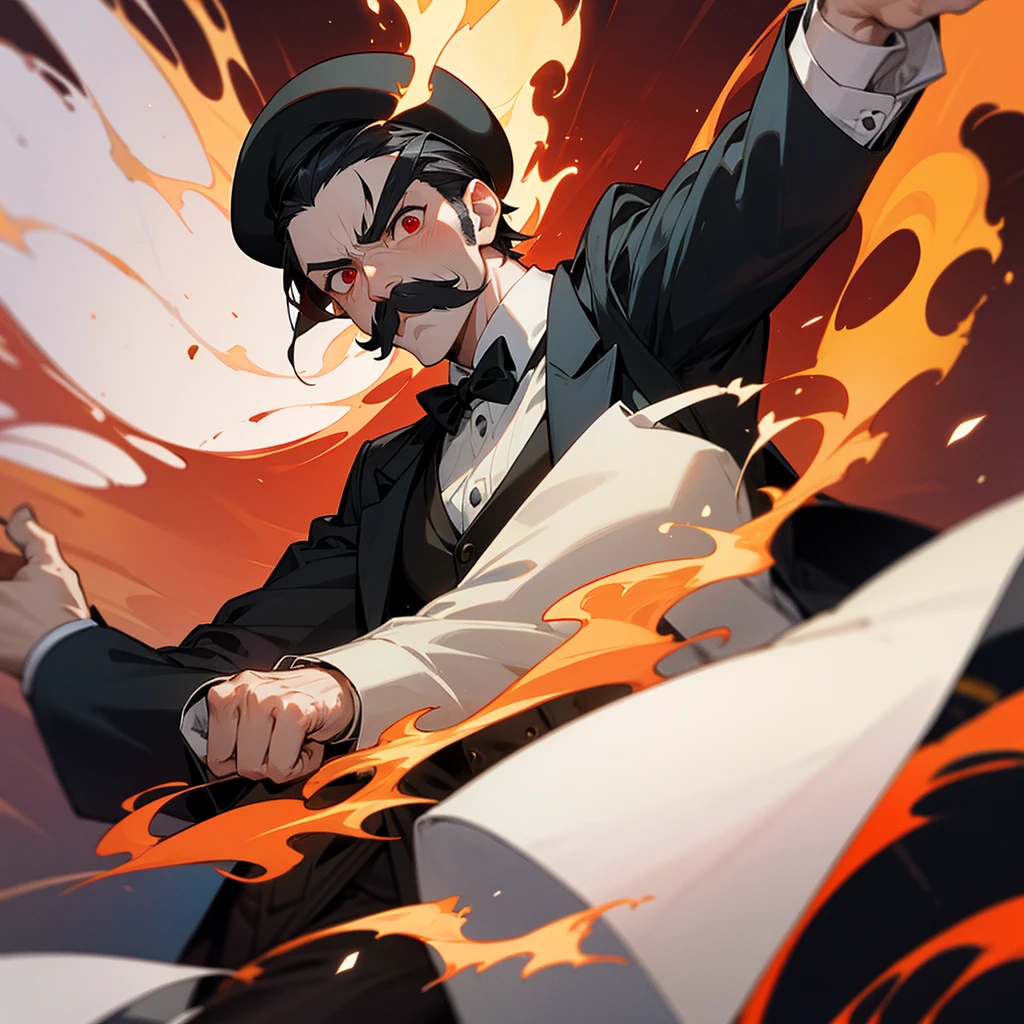 1man, french guy, mustache, tuxedo, beret, white skin, red eyes, looking menacingly, fire