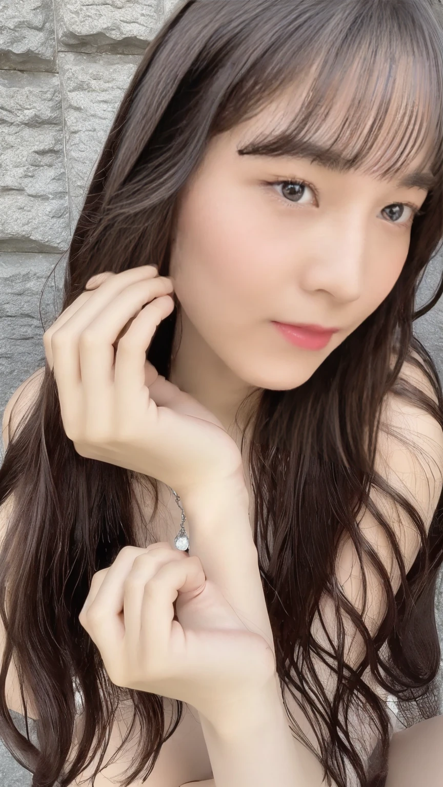 ((((Detailed explanation)))),(((masterpiece、Highest quality、Very detailed:1.42、Focus on the eyes)))、Female in her late teens、Portraiture、Blurred cityscape at dusk、Silhouette of buildings and street lamps、Medium length dark brown hair、natural wavy curls、The wind is blowing softly、Some hair falls to the side of the face、Skin is smooth、Healthy olive color、The tan lines are faintly visible、Natural redness on the cheeks、I have a few small laugh lines on my forehead、Eyes with dark brown irises、The pupil is shining, Reflects light、Long curled eyelashes、Highlights the eyes、Eyebrows are thin and trimmed、Natural Arch、Small nose、straight、straight nose、lips are plump、soft pink lip gloss、Ultra-thin camisole、Barefoot and barefoot、A simple silver bracelet on her right wrist、A small diamond earring sparkles in her left ear..、The expression is calm、have confidence、smile、(((Emphasize the contrast between light and shadow)))、Realistic textures and facial details