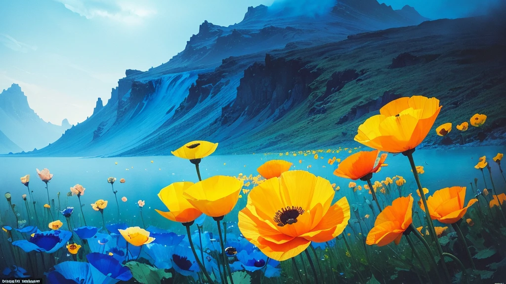 32k, Masterpiece, Highest quality, One girl, Detailed eyes, flower,Iceland Poppy, Blue and yellow style,A dreamy, romantic piece,Pale yellow, Mysterious Leaves,A playful arrangement,Fantasy,High Contrast,Ink strokes,explosion,Exposure, Impression of blue and yellow tones,Abstract,((Watercolours by John Berkey and Jeremy Mann )) Brush strokes,Negative Space, Tyndall effect,